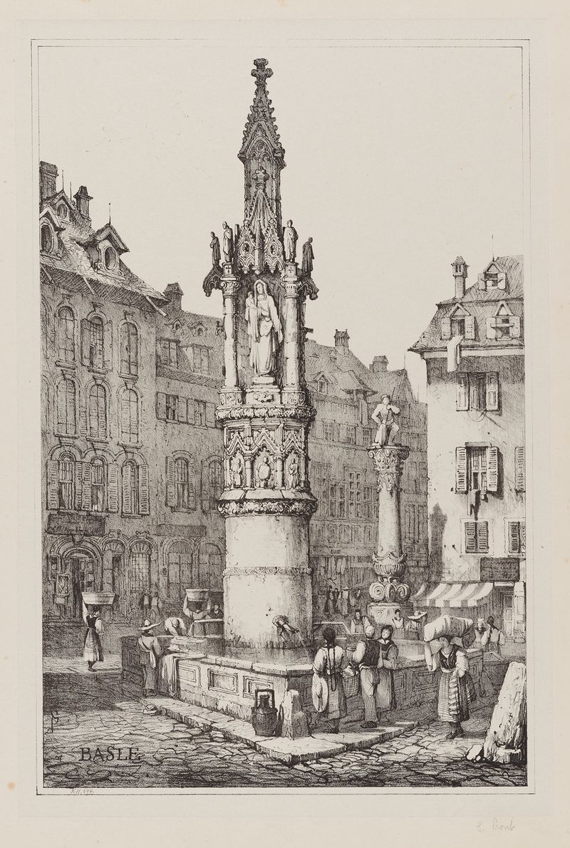 Paisagem de Basle por Samuel Prout, com um rio e uma ponte, pintura a óleo
