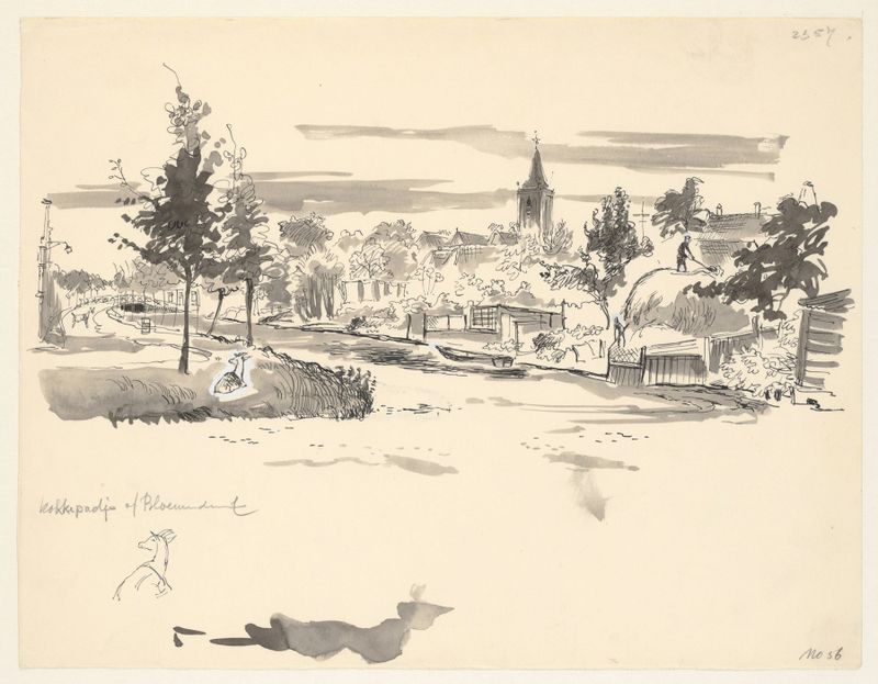 Pintura de paisagem a óleo de Maarten Oortwijn com uma igreja, colinas e árvores