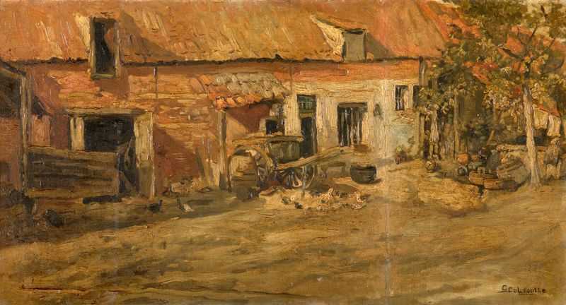Paisaje de una granja al amanecer de Gustave Colsoulle, pintura al óleo
