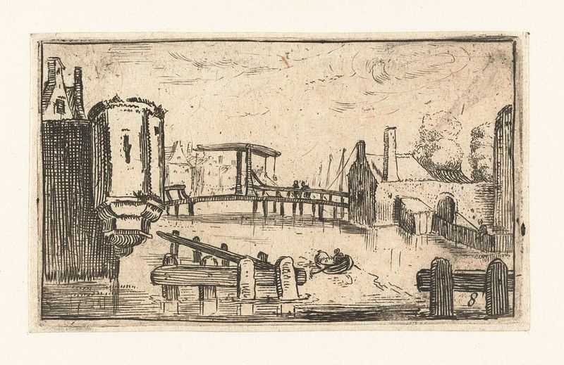 Gracht met ophaalbrug in een stad, gravura de Esaias van de Velde, mostrando um canal com uma ponte.