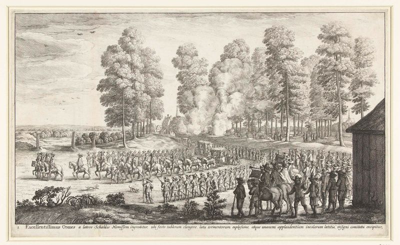 Aankomst van de graaf te Hemiksem, grabado de Wenceslaus Hollar que muestra figuras junto a un río.