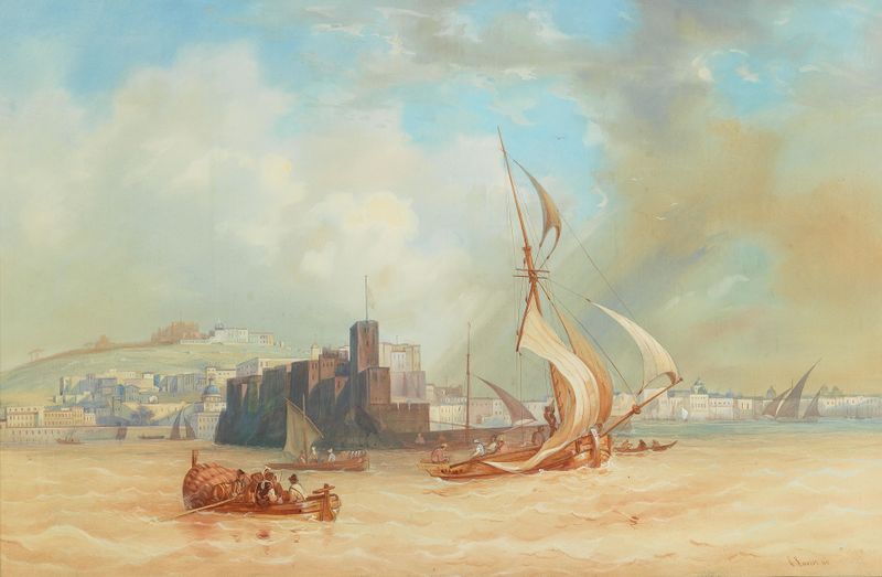 Marine scene depicting Naples with azure waters by Carl Martin Laeisz, oil painting