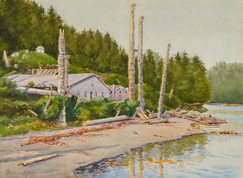 Landing Beach, Kasaan de Theodore J. Richardson, óleo sobre lienzo que muestra una figura solitaria en la orilla del agua