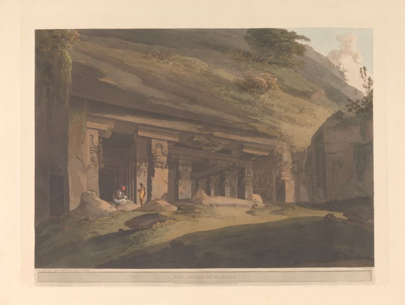 Oriental scenery Pl.42 de Thomas Daniell, que representa un paisaje sereno con un río y un atardecer.