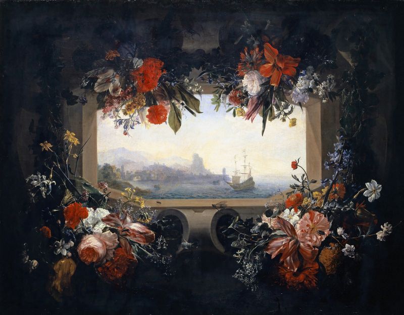 Natureza morta de flores com guirlanda e vista do porto, óleo sobre tela de Johann Rudolf Bys