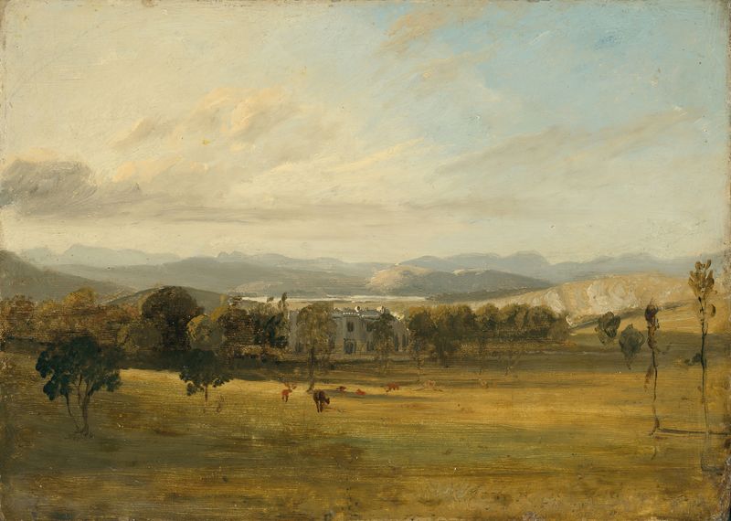 Esboço de Leighton Hall, Lancashire por John Constable, retratando uma paisagem com colinas e nuvens.