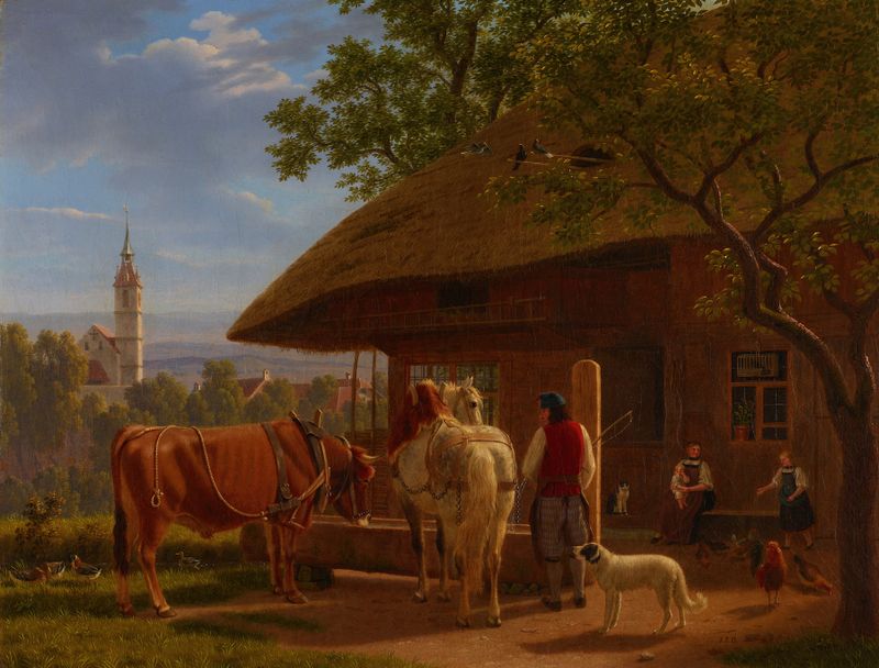 Paisaje con una granja y colinas de Johann Jakob Biedermann
