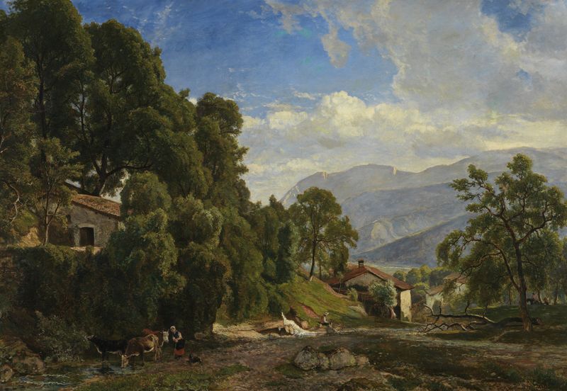 Oil painting by Théodore Fourmois depicting mountains and valleys