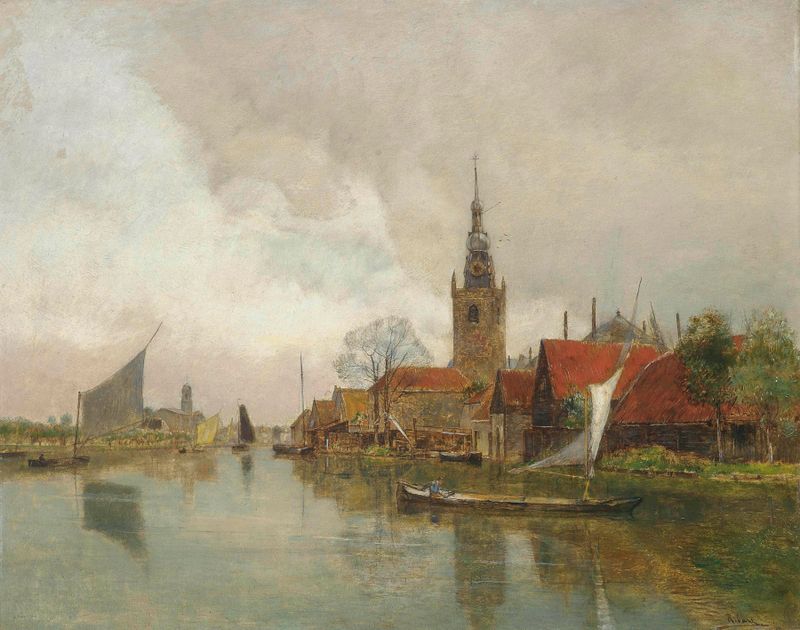 Marine scene with vessels on calm water by Rudolf Ribarz, medium unknown