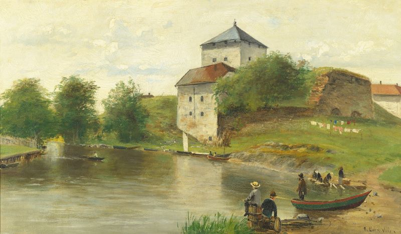 Nyköpingshus by Olof Hermelin, oil on canvas depicting a tranquil landscape with a fortress and river.