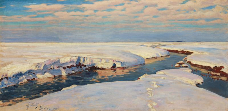 Winter Landscape by Julian Falat, oil on canvas depicting snow-covered hills and trees.