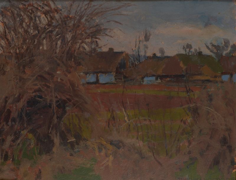 Landscape depicting a village at dawn by Stanisław Czajkowski, oil painting