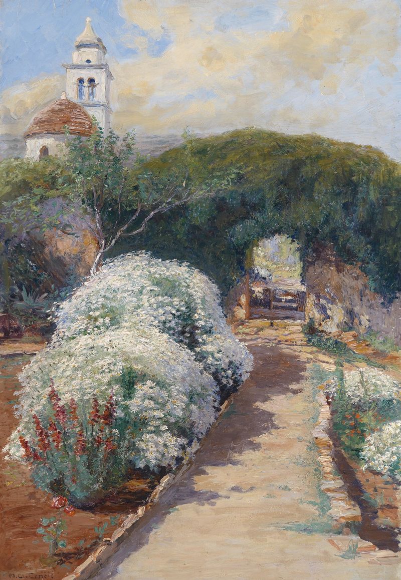 Botanical scene with vibrant flowers by Menci Clement Crnčić, medium unknown