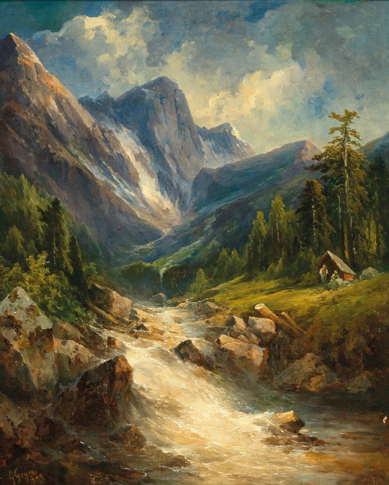 A Mountain Landscape with River, oil on canvas by Georg Geyer, featuring mountains and a river.