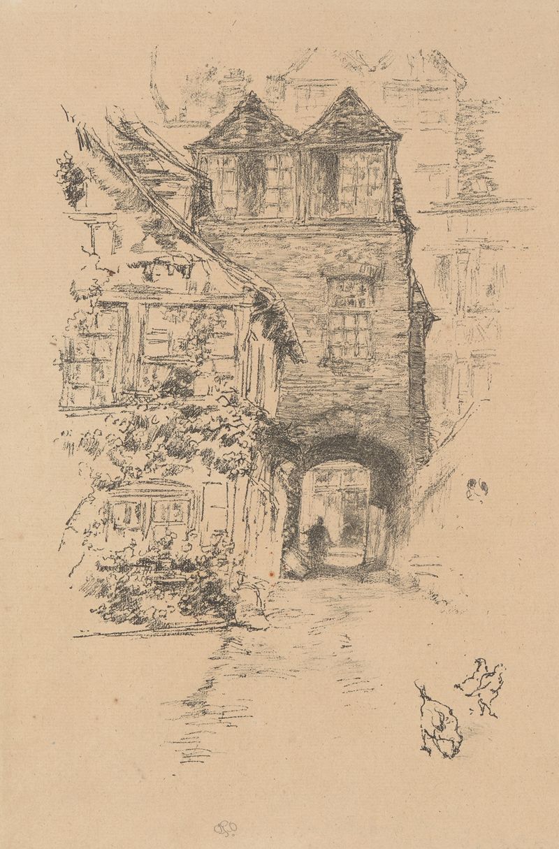 A Casa do Sacerdote—Rouen de James Abbott McNeill Whistler, pintura a óleo de uma casa tranquila em tons de cinza.