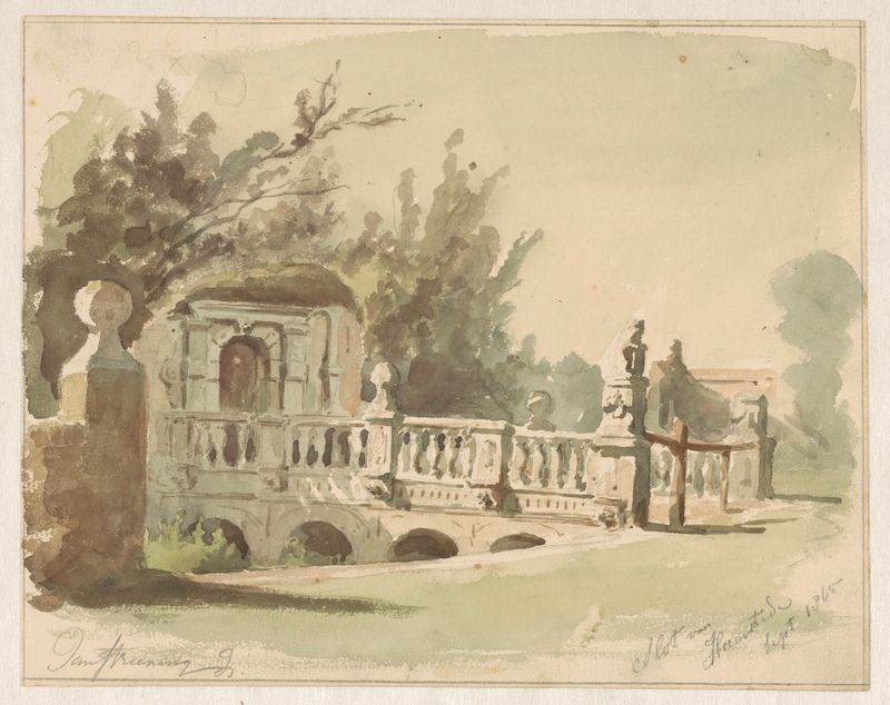 Poort van het slot van Heemstede de Jan Striening, óleo sobre lienzo que muestra una puerta histórica en un paisaje.