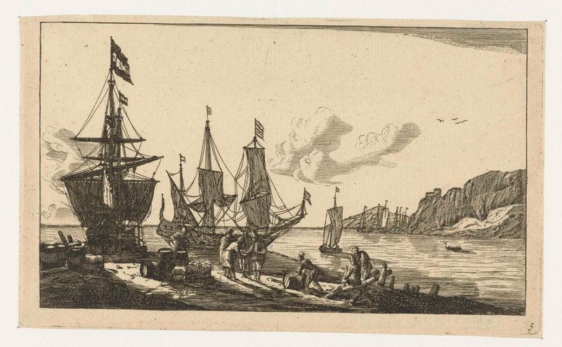 Gravura de Unknown Artist mostrando marinheiros e barcos em um porto