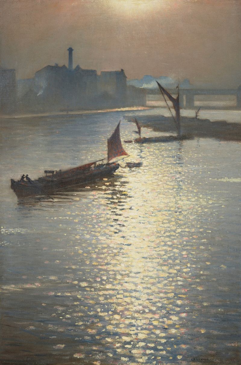 From Waterloo Bridge, oil on canvas by Christopher R. W. Nevinson, featuring a bridge over a river.
