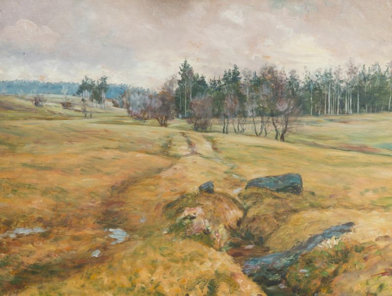 A Wet Winter by František Kaván, oil on canvas depicting a winter landscape with muted colors.