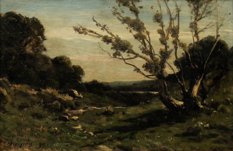 Pintura a óleo de Henri-Joseph Harpignies retratando luz do amanhecer e árvores.