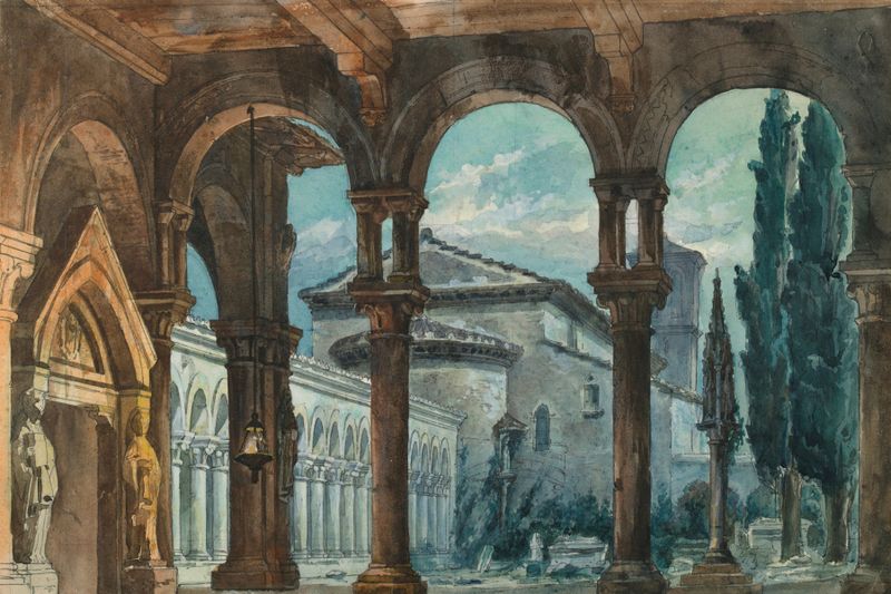 Cloister at night with shadows and light, oil painting, Unknown Artist