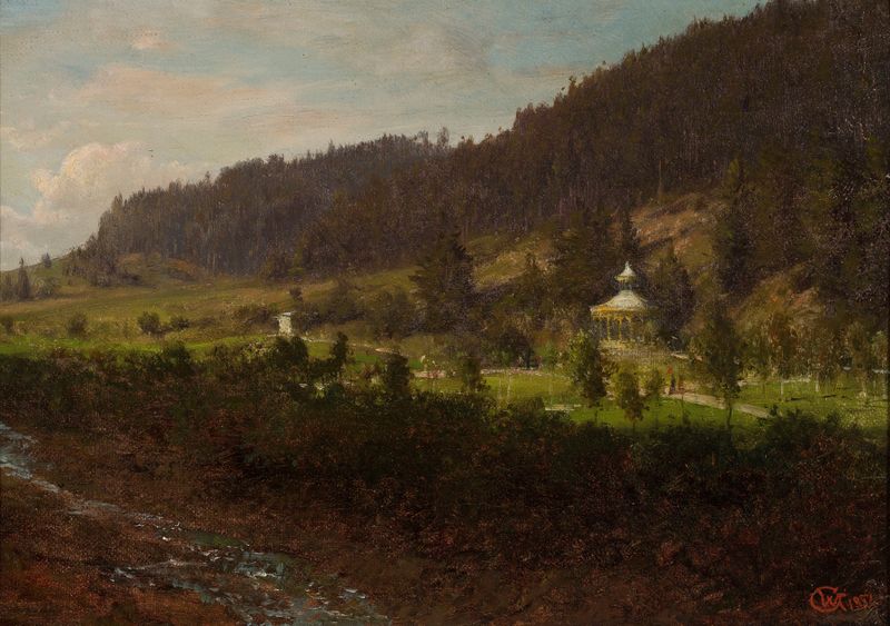 Submontane landscape de Wojciech Gerson, óleo sobre tela mostrando colinas e neblina.