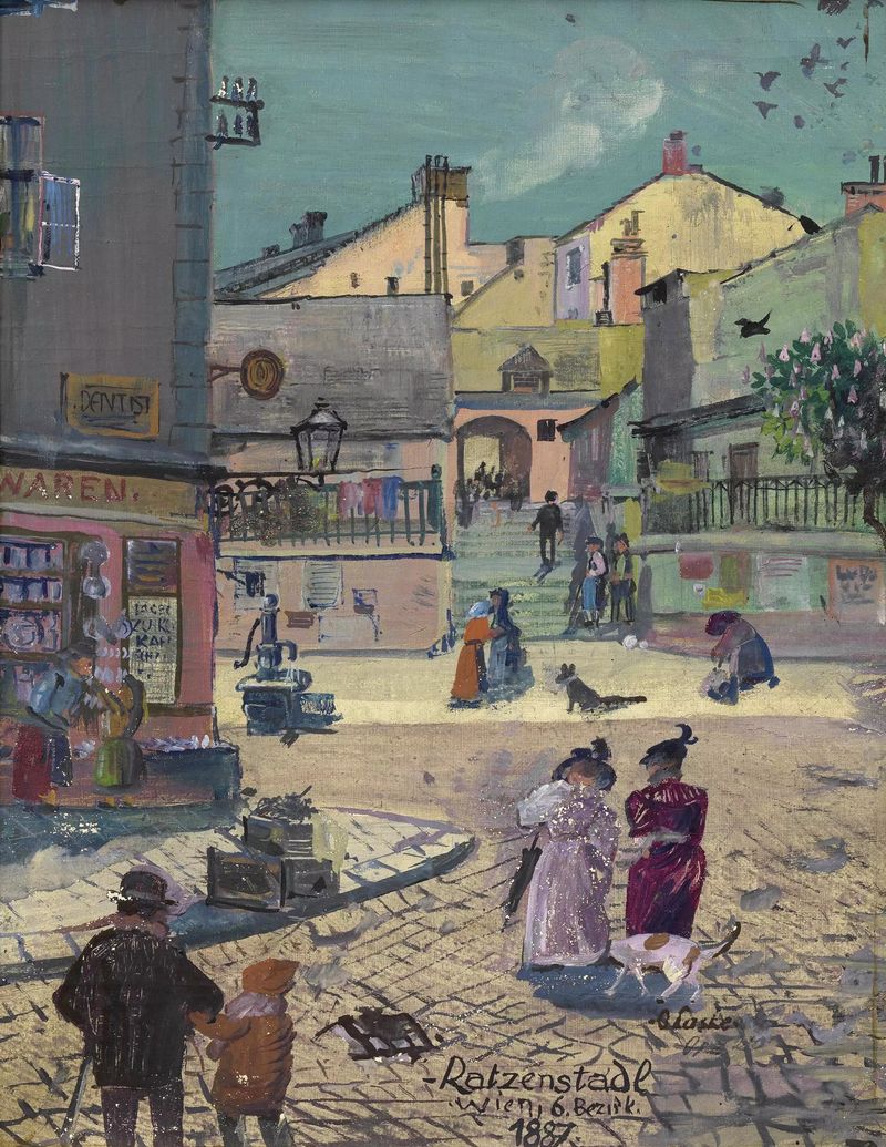 Escena de género con figuras en luz cálida de Oskar Laske, pintura al óleo