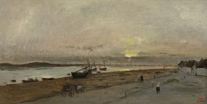 Etaples de Charles François Daubigny, óleo sobre lienzo, que representa un río y bancos de hierba.