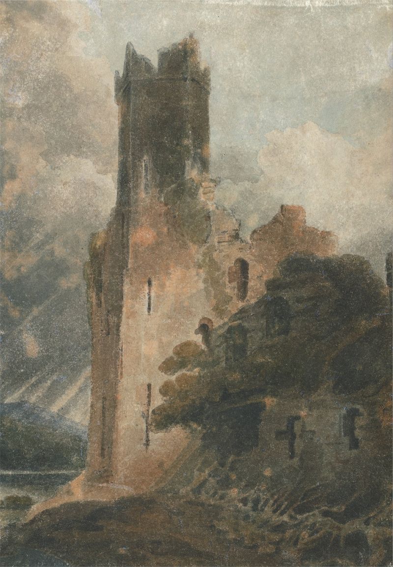 A Castle Tower de John Sell Cotman, aquarela sobre papel, retratando uma forte torre de castelo em uma paisagem.