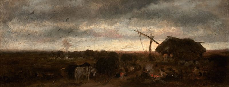 Gypsy Camp II by Maksymilian Gierymski, impressionist oil painting depicting a gypsy camp at twilight.