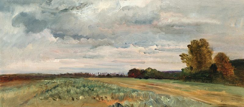 A Vast Landscape de Emil Jakob Schindler, pintura al óleo que muestra un horizonte vibrante y follaje texturizado.