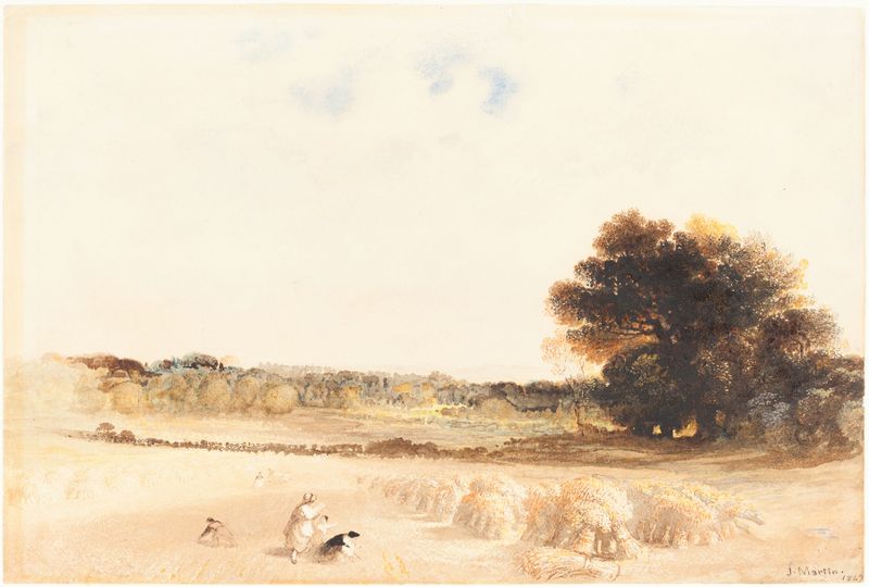 Gleaners in the Wheat Field, óleo sobre tela de John Martin, retratando trabalhadores em um campo de trigo dourado