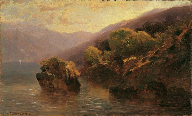 Landscape of Partie vom Genfer See by Alexandre Calame, oil painting depicting a serene lake at dawn.