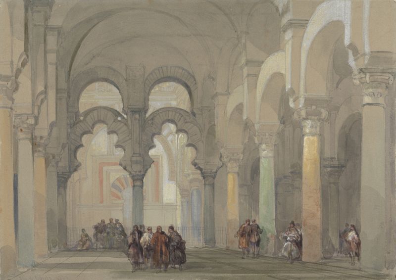 La Mezquita de Córdoba de David Roberts, óleo que muestra arcos grandiosos y ruinas históricas