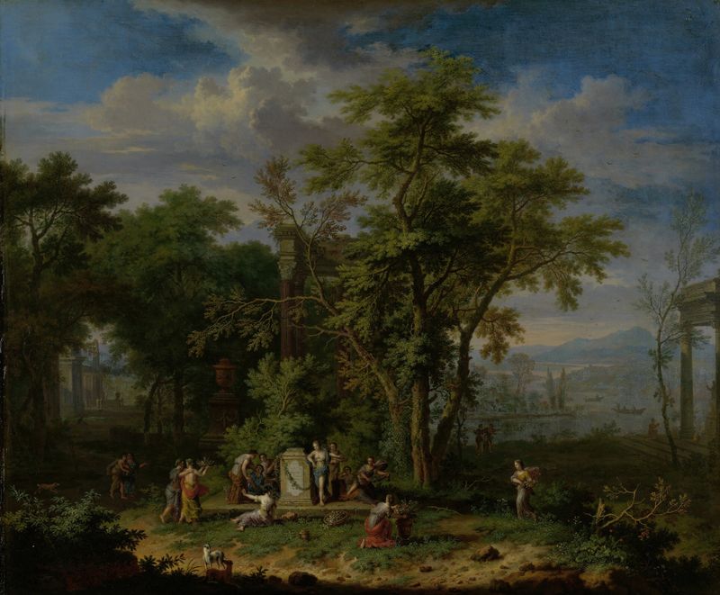 Arcadian Landscape with a Ceremonial Sacrifice de Jan van Huysum, pintura a óleo