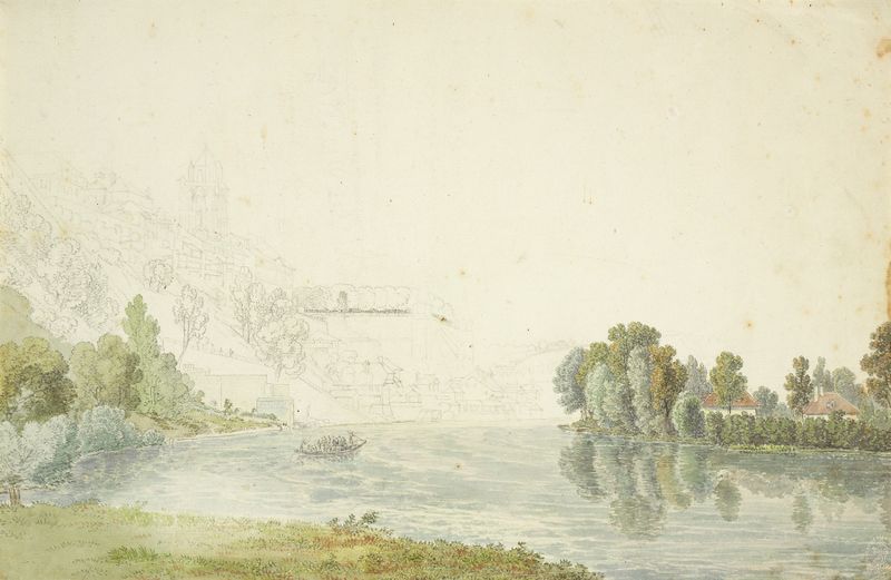 Aquarela de Gabriel Lory the Younger mostrando uma paisagem com rio e flores silvestres
