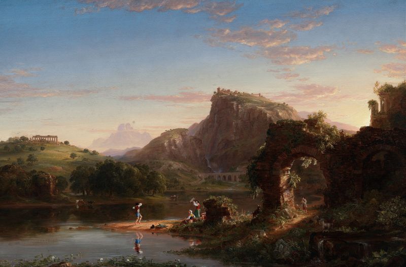 L’Allegro de Thomas Cole, pintura al óleo que muestra figuras bajo la luz a través de hojas.