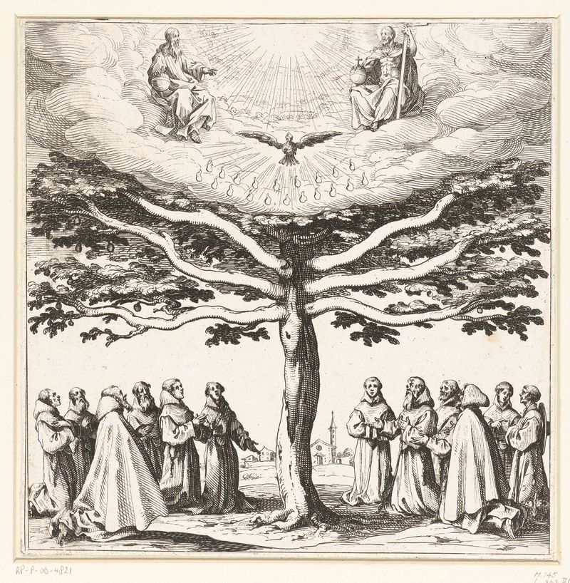 Grabado de Jacques Callot que representa un árbol sagrado con detalles intrincados en la corteza