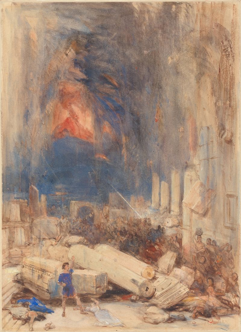 A Destruição de Pompéia, óleo sobre tela de David Roberts, retratando ruínas antigas e arquitetura em ruínas.