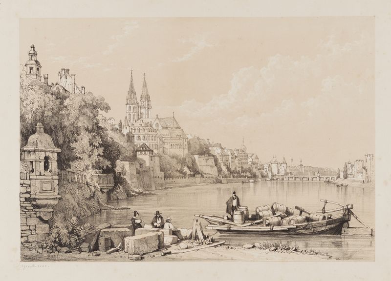 Landscape of Basle by Samuel Prout, depicting the Rhine river at twilight, oil painting.