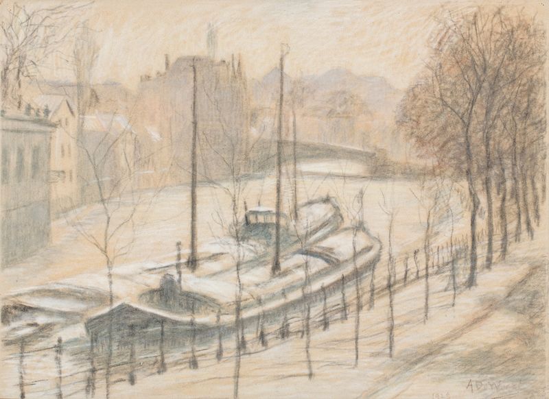 Snow-covered barges in winter by Anna De Weert, realism