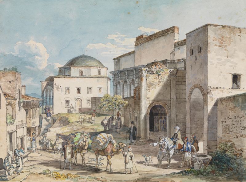 Gadeparti i Athen, óleo sobre lienzo de Carl Wilhelm Heideck, con el palacio de Hadji Hazekis y la mezquita de Tzistarakis.
