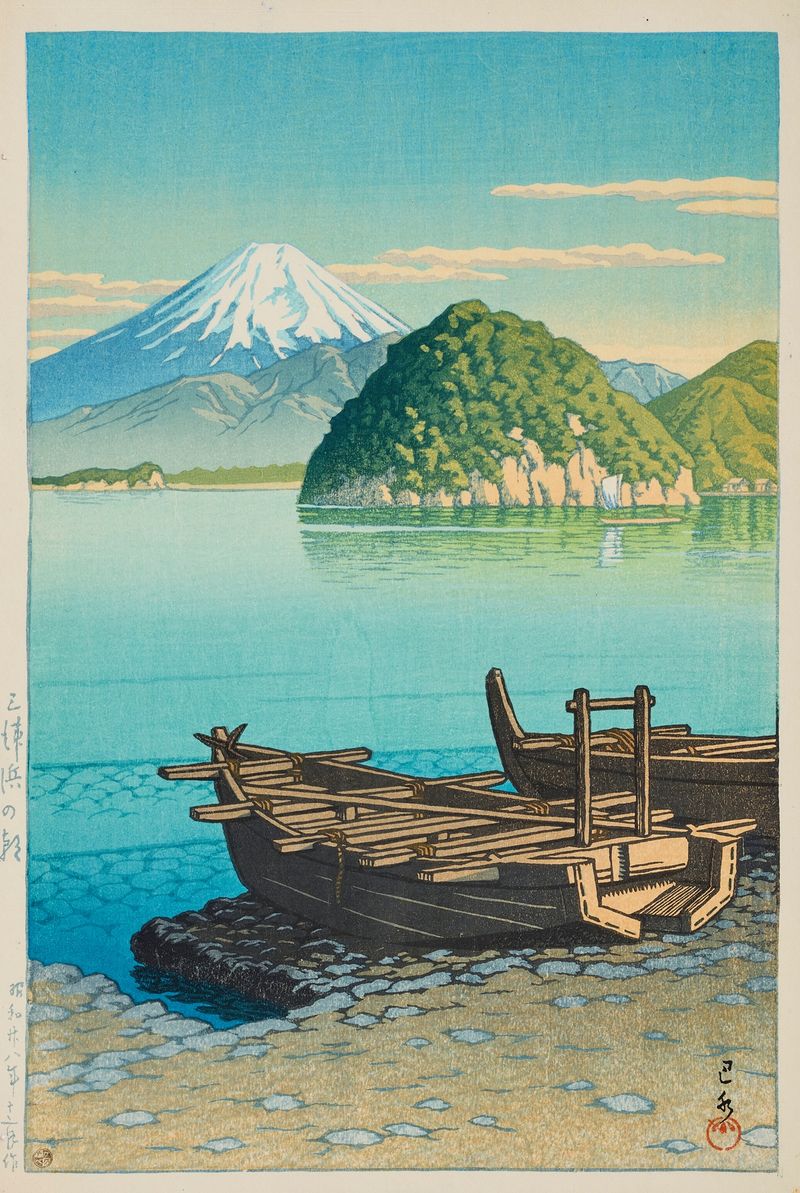 Cena marinha ao amanhecer, xilogravura de Kawase Hasui