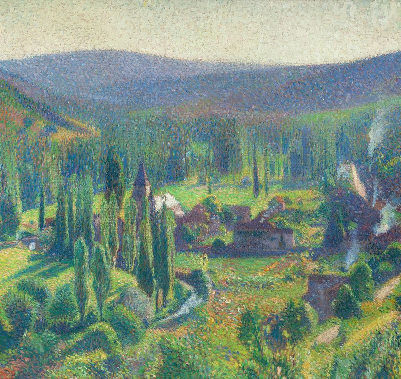 La vallée du vert à Labastide-du-Vert de Henri Martin, óleo sobre lienzo que representa un paisaje de valle exuberante.