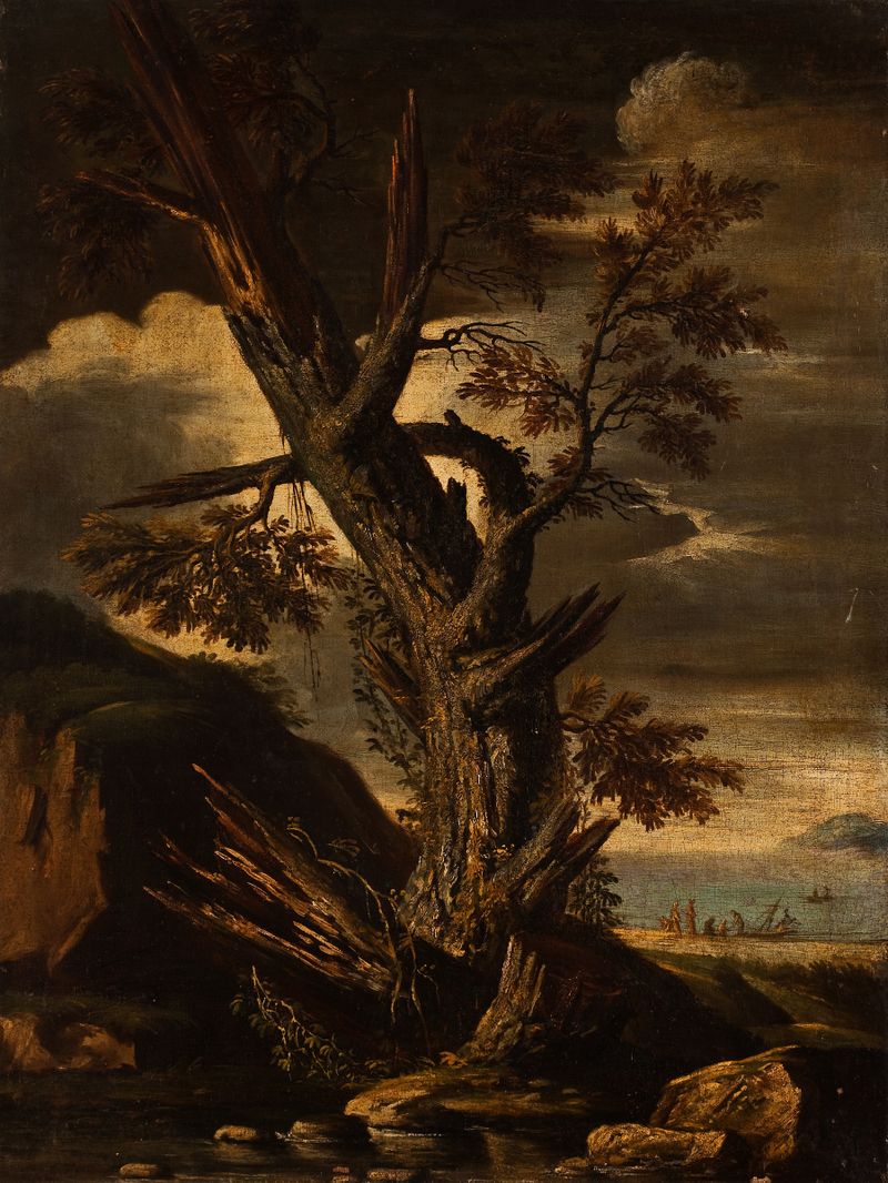 A Tree Struck By Lightning, óleo sobre lienzo de Pietro Montanini, que muestra un árbol carbonizado contra un cielo apagado.