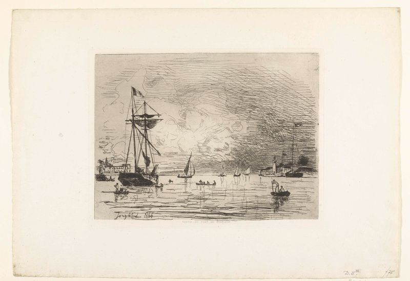 Gravura de Johan Barthold Jongkind mostrando um porto tranquilo com barcos ao amanhecer.