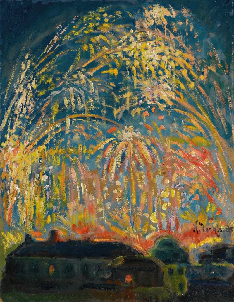 Fireworks In Nice de Nikolai Alexandrovich Tarkhov, óleo sobre tela, cena noturna vibrante com fogos de artifício sobre a ...