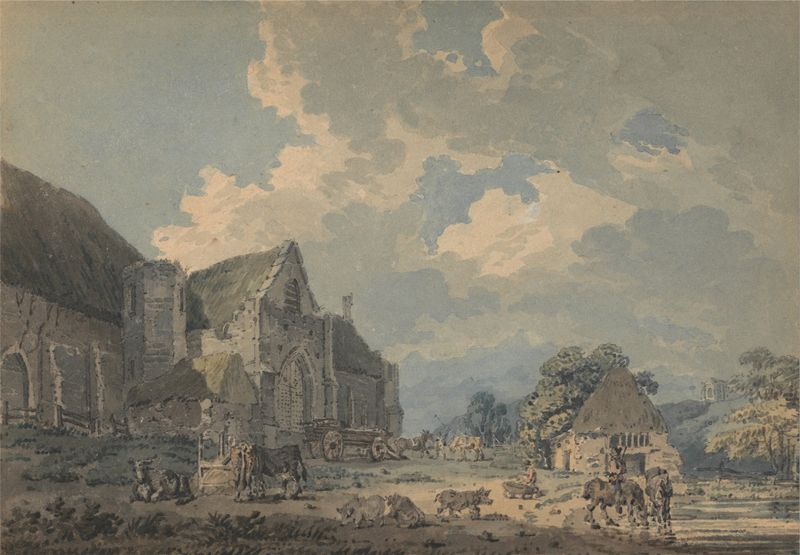 The Tithe Barn em Abbotsbury, pintura a óleo de Thomas Girtin, apresentando um celeiro em uma colina com luz dramática.