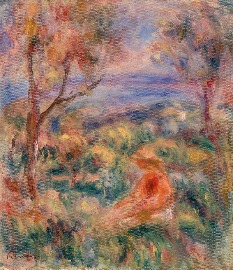 Mulher sentada à beira-mar em uma pintura a óleo de Pierre-Auguste Renoir