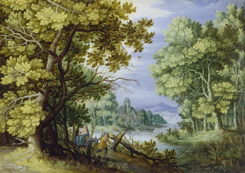 Forest landscape with figures under sunlight, oil on panel by Jan Brueghel the Younger